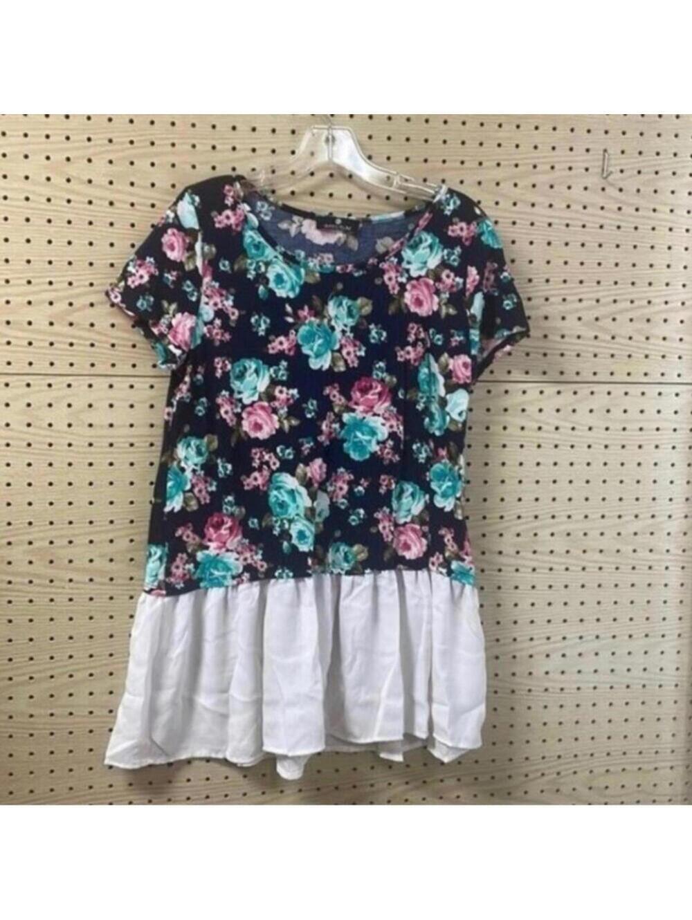 White plum, blue floral, white peplum, blouse shirt, Boho casual